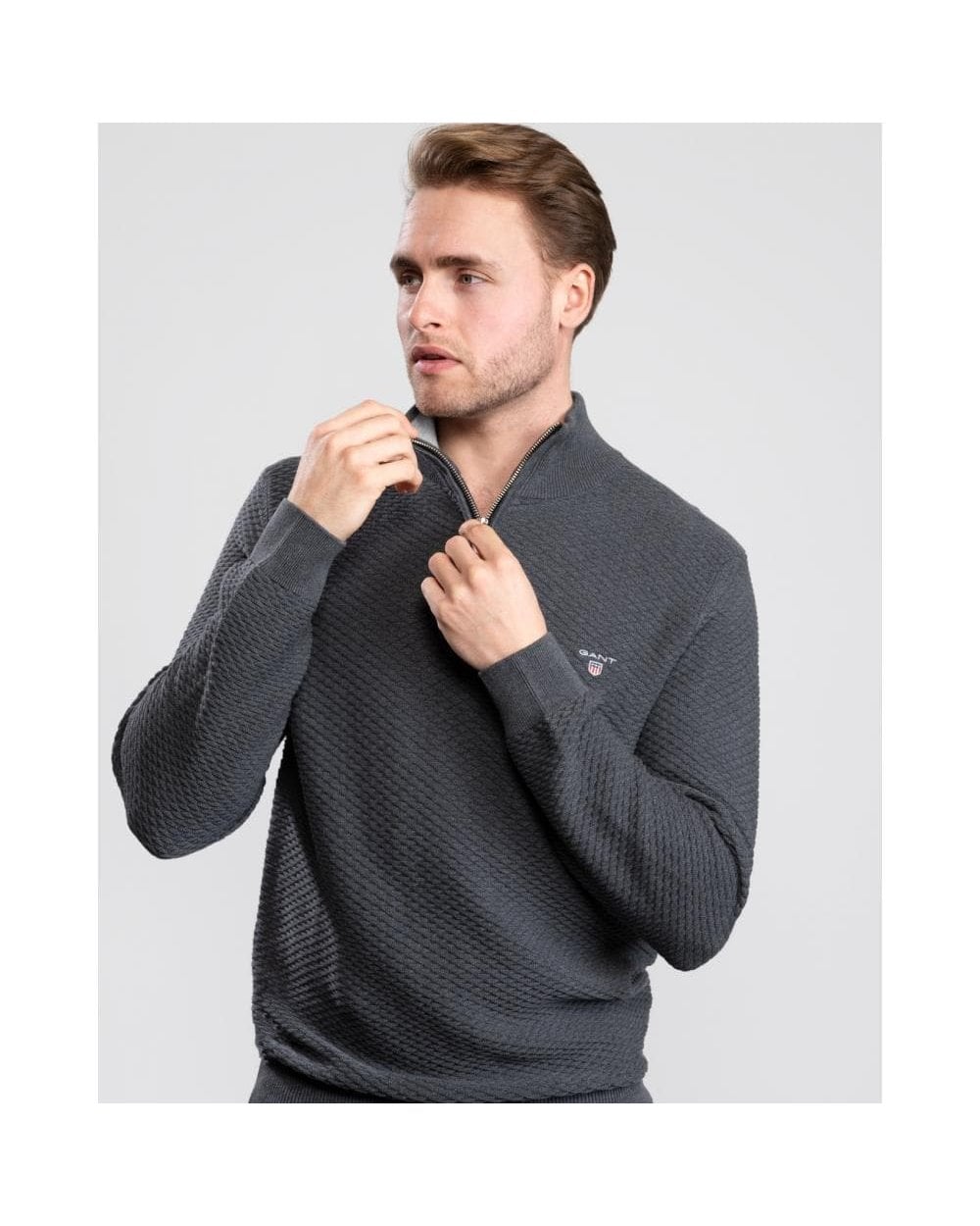 Gant Sweater New Model 2024 - Grey Cotton Texture Half-Zip Mens